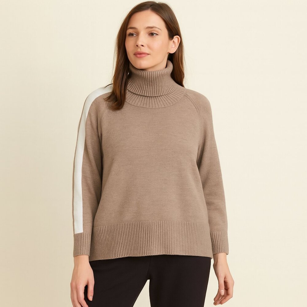 Women's Plus Sweet Romeo Turtleneck Stripe Sweater Camel W/White Stripe SZ 3X